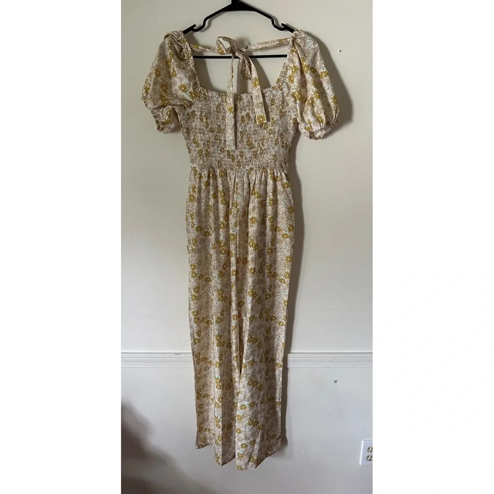 Luvvion Yellow Floral Smocked Wide‎ Leg Jumpsuit Puff Sleeve Cottagecore S NWT